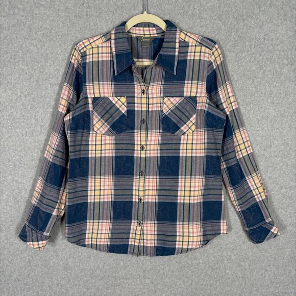 Natural Reflections Flannel Shirt Small Navy Pink Worn Faded GORP Hiking Camping - Picture 1 of 10